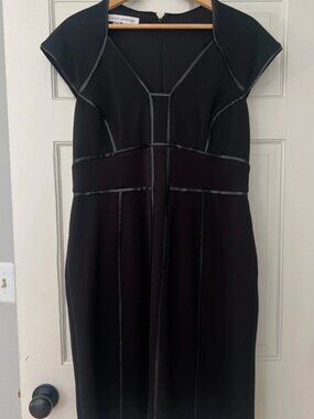 Maggy London Black Dress sz 14, faux leather trim, NWOT